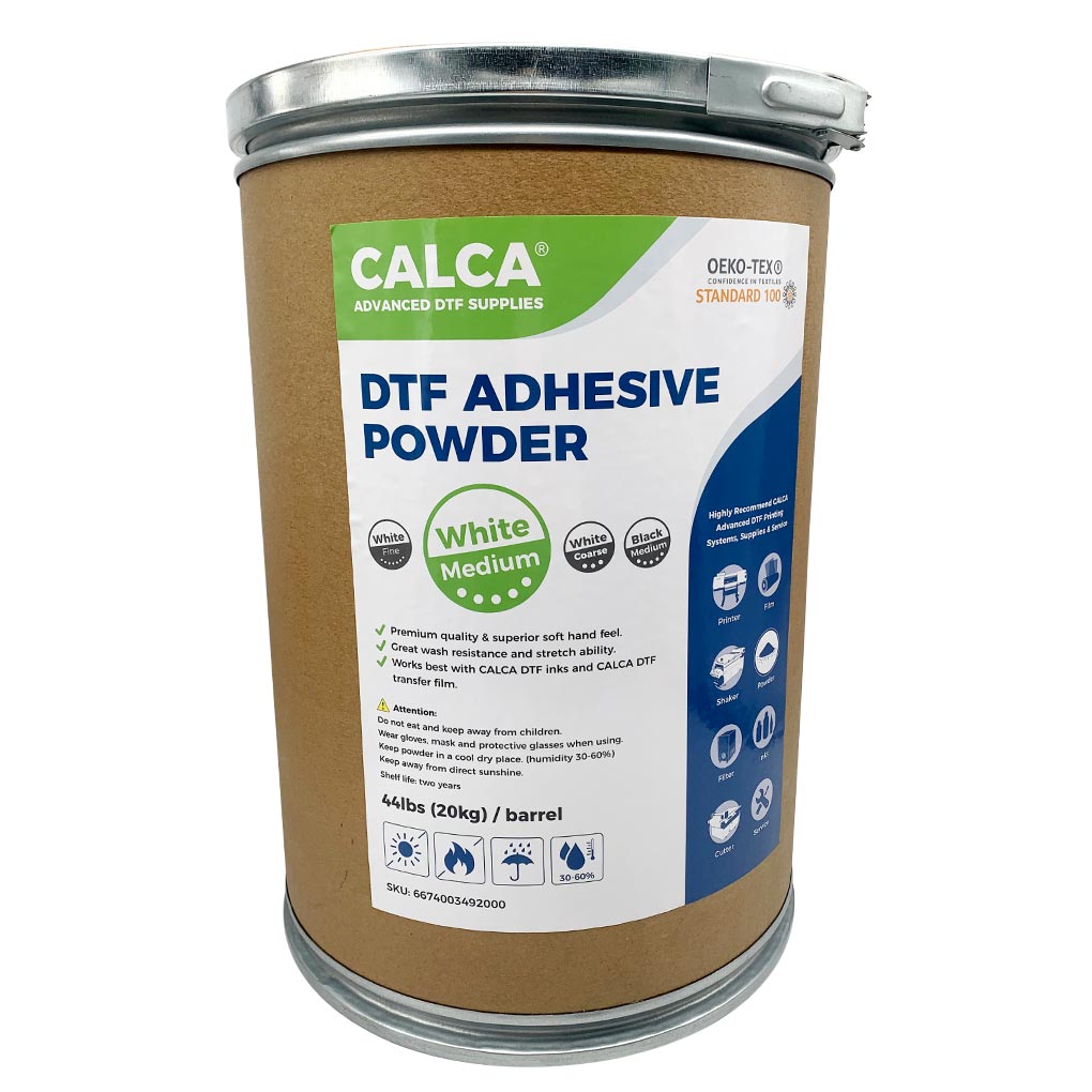 CALCA MM2 Direct to Film TPU DTF Powder, Digital Transfer Hot Melt Adhesive Powder (44lbs , 20kg/Barrel, Medium, White)