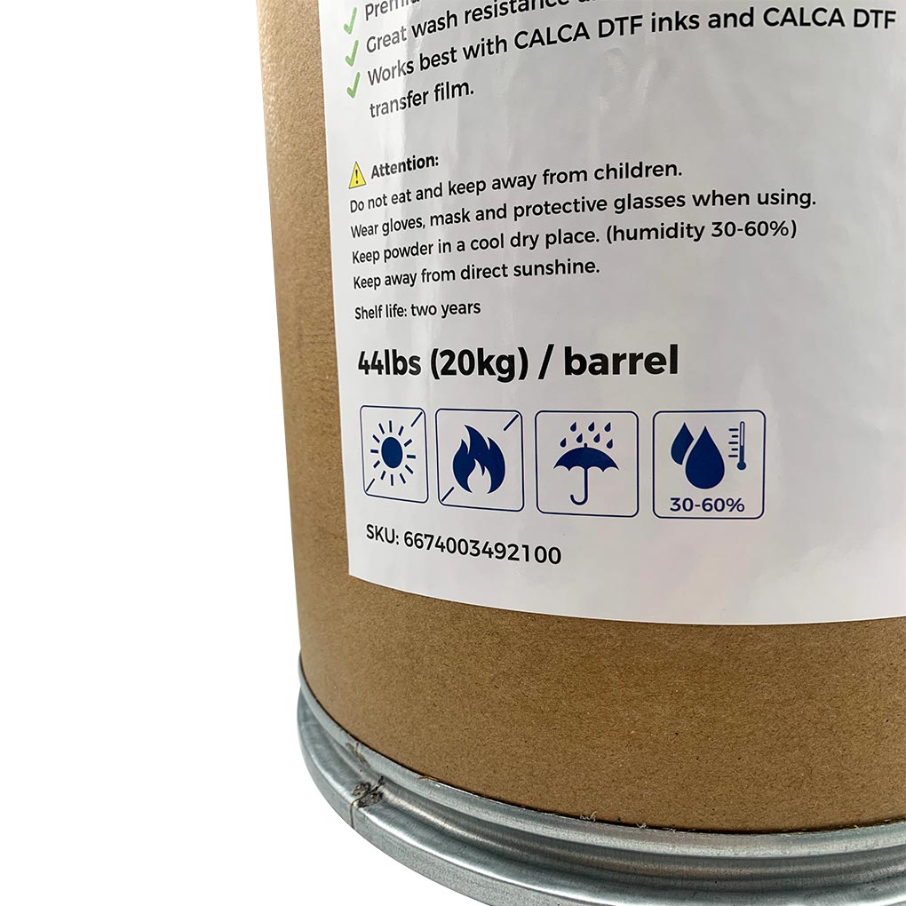 CALCA MM2 Direct to Film TPU DTF Powder, Digital Transfer Hot Melt Adhesive Powder (44lbs , 20kg/Barrel, Medium, White)