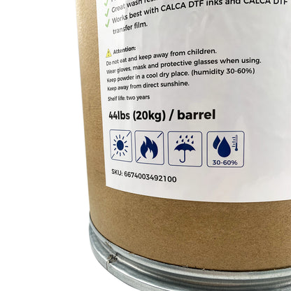 CALCA MF1 Direct to Film TPU DTF Powder, Digital Transfer Hot Melt Adhesive Powder (44lbs , 20kg/Barrel, Fine, White)