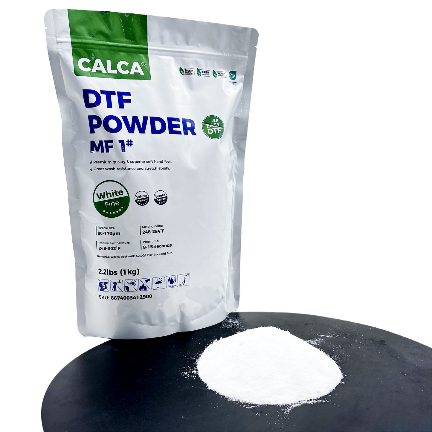 CALCA MF1 Direct to Film TPU DTF Powder, Digital Transfer Hot Melt Adhesive Powder (2.2lbs Pack, 1kg, Fine, White)