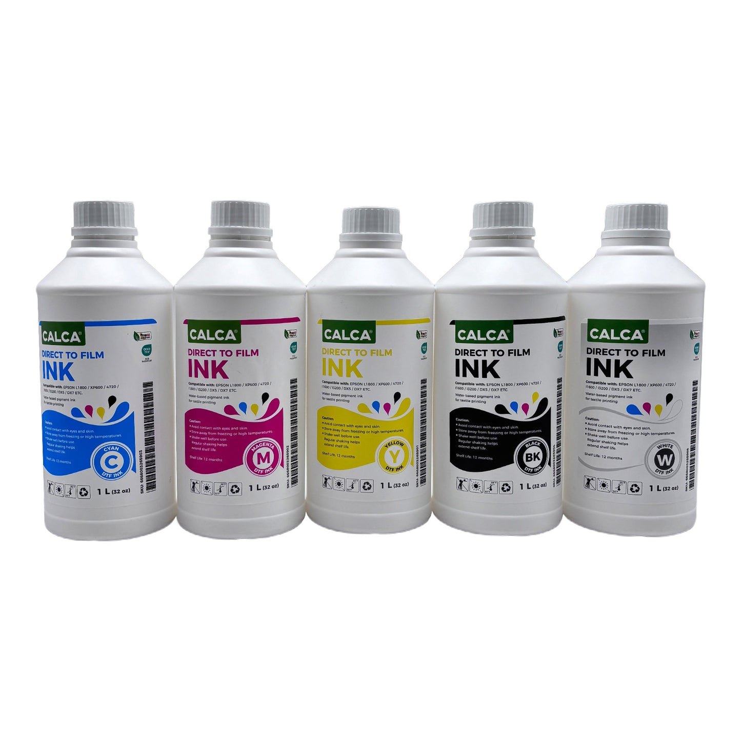 5 Colors(C,M,Y,K,W) CALCA Direct to Transfer Film Ink for Epson Printheads. 32 oz, Bottle of 1L, Water-based DTF Inks